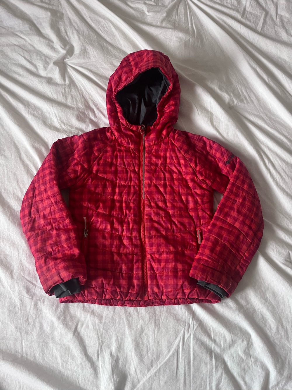 Columbia Kids Red Plaid Omni Heat Hooded Puffer Jacket Orange Size XS 6